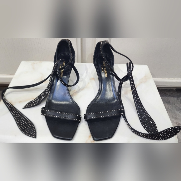 SAINT LAURENT Charlotte Black Studded Ankle Wrap Sandal / Heels Size 38 / US 8 - Picture 3 of 13